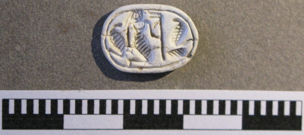 Elfenbein-Skarabäus mit Kartusche, Tall Zira’a, Jordanien: Restaurierung für wissenschaftliche Auswertung